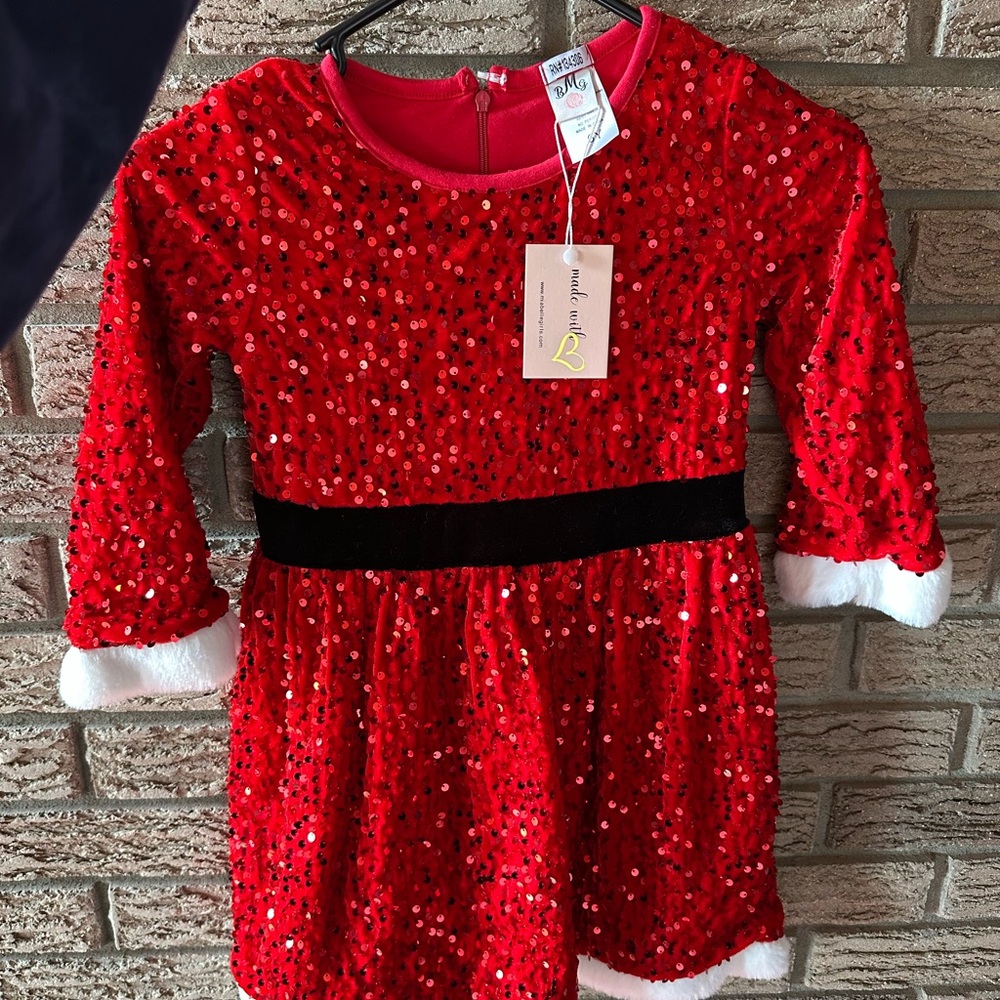 Red Sequin Holiday Dress with Black Belt